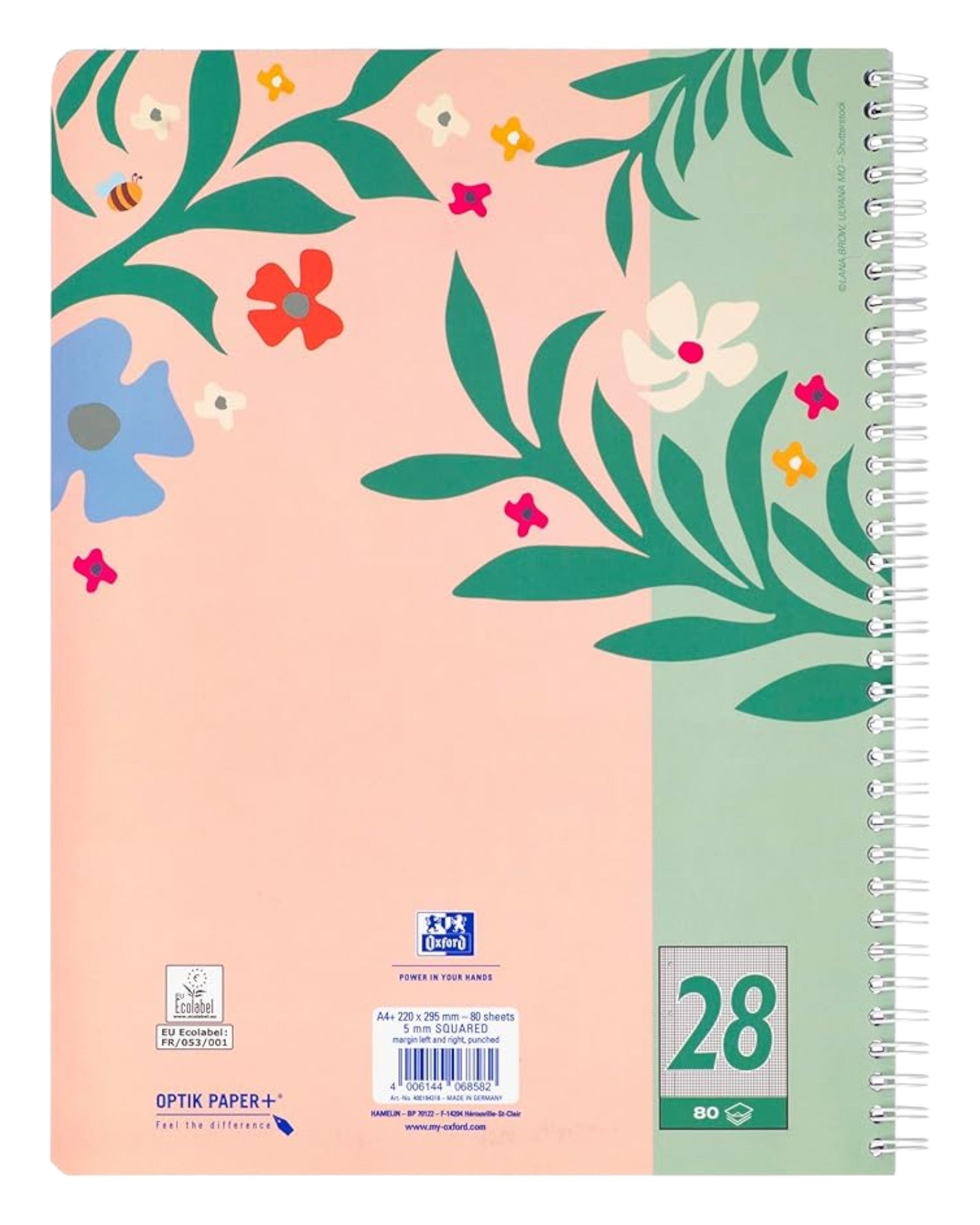 Oxford Blocco a quadretti 5 mm  A4 con doppio bordo, 160 pagine, fiori edizione limitata