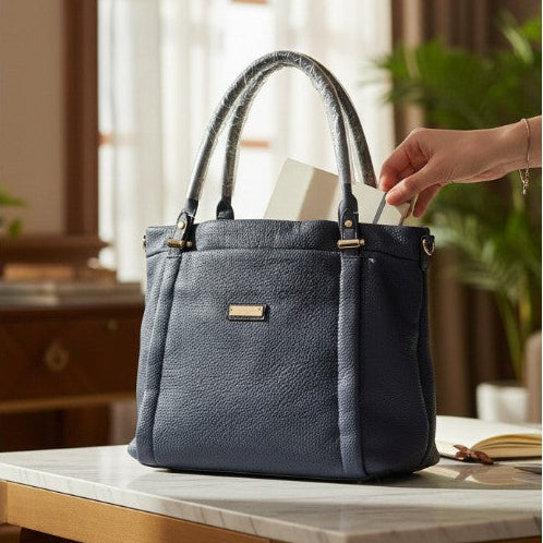 Urban Borsa Shopper Grana Blu Scuro SARAH V2 con  dettagli in oro e Tasche Interne