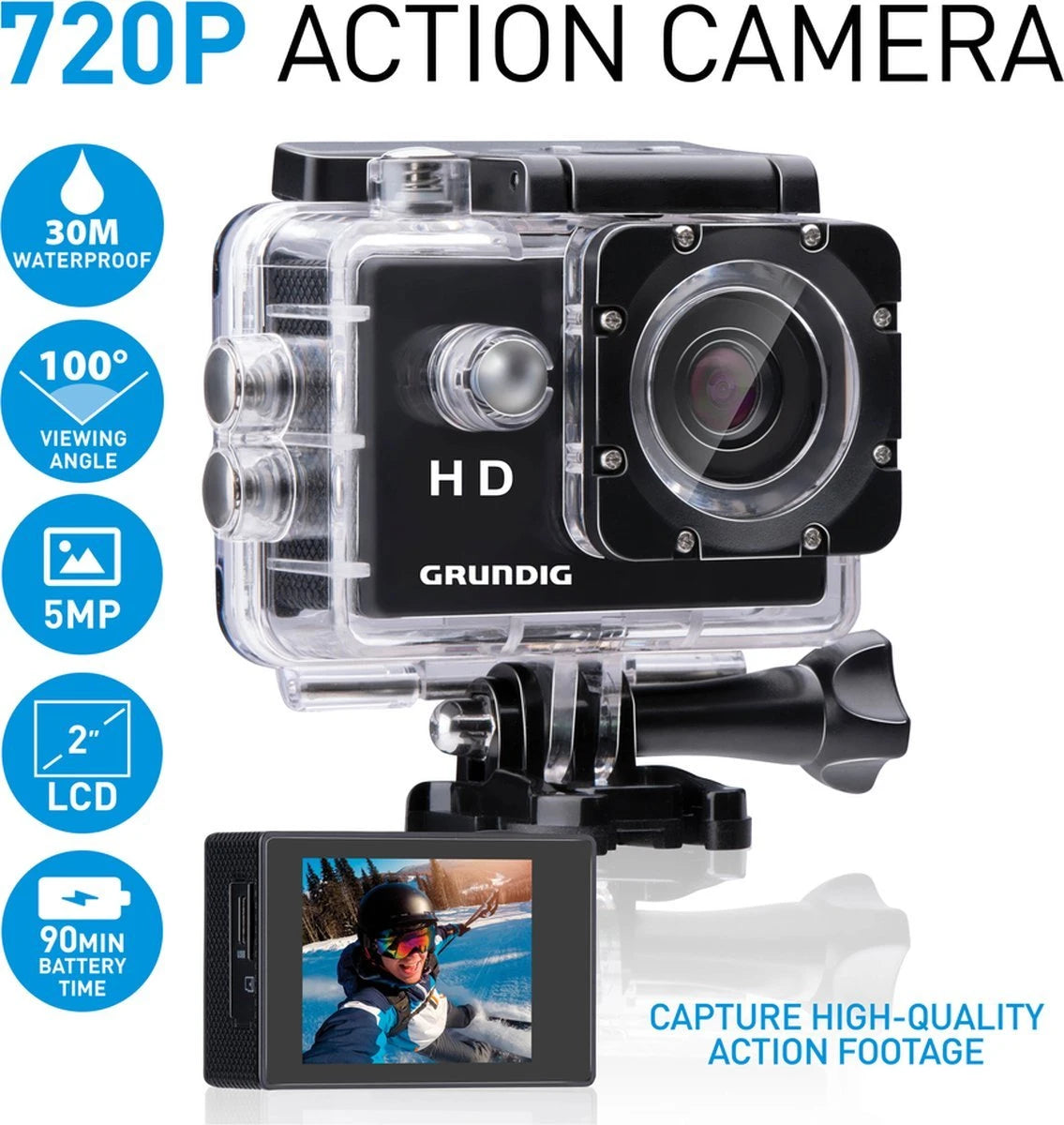 Grundig Action Camera HD720P Fotocamera subacquea - Impermeabile fino a 30 m - LCD da 2"