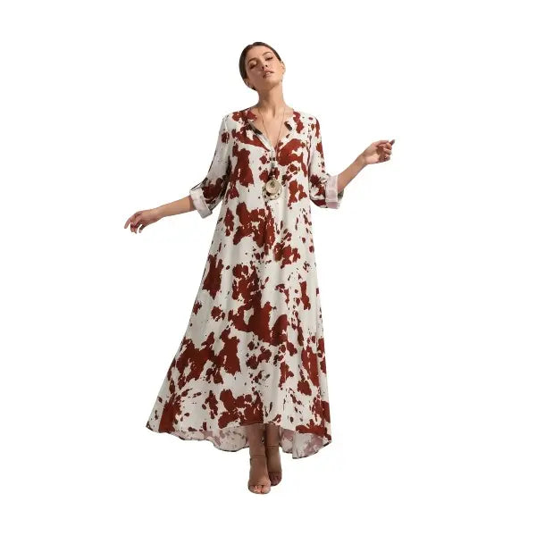 Abito Maculé Chic in Viscosa Morbida con Fantasia Artistica e Collo Coreano Apertura a V per Tempo Libero e Occasioni Ricercate Nero Blu Navy Verde Salvia Bordeaux con Collana Coordinata