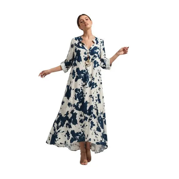 Abito Maculé Chic in Viscosa Morbida con Fantasia Artistica e Collo Coreano Apertura a V per Tempo Libero e Occasioni Ricercate Nero Blu Navy Verde Salvia Bordeaux con Collana Coordinata