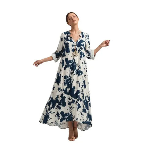 Abito Maculé Chic in Viscosa Morbida con Fantasia Artistica e Collo Coreano Apertura a V per Tempo Libero e Occasioni Ricercate Nero Blu Navy Verde Salvia Bordeaux con Collana Coordinata