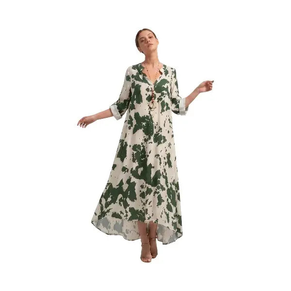 Abito Maculé Chic in Viscosa Morbida con Fantasia Artistica e Collo Coreano Apertura a V per Tempo Libero e Occasioni Ricercate Nero Blu Navy Verde Salvia Bordeaux con Collana Coordinata