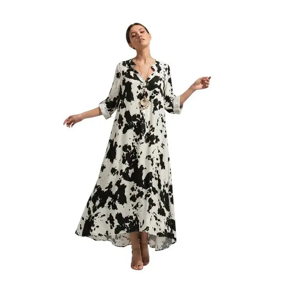 Abito Maculé Chic in Viscosa Morbida con Fantasia Artistica e Collo Coreano Apertura a V per Tempo Libero e Occasioni Ricercate Nero Blu Navy Verde Salvia Bordeaux con Collana Coordinata